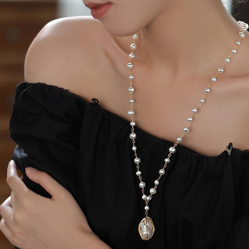 French Geometric Round Pearl Beaded Necklace Fashion Simple Court Style Necklace Light Luxury Premium Sweater Chain Women