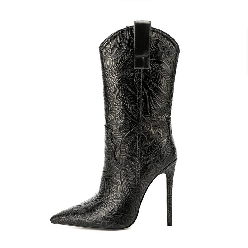 Fashion Women's new pointed pattern material with sexy temperament, slim heels, pointed toes and calves, nightclub fashion short boots