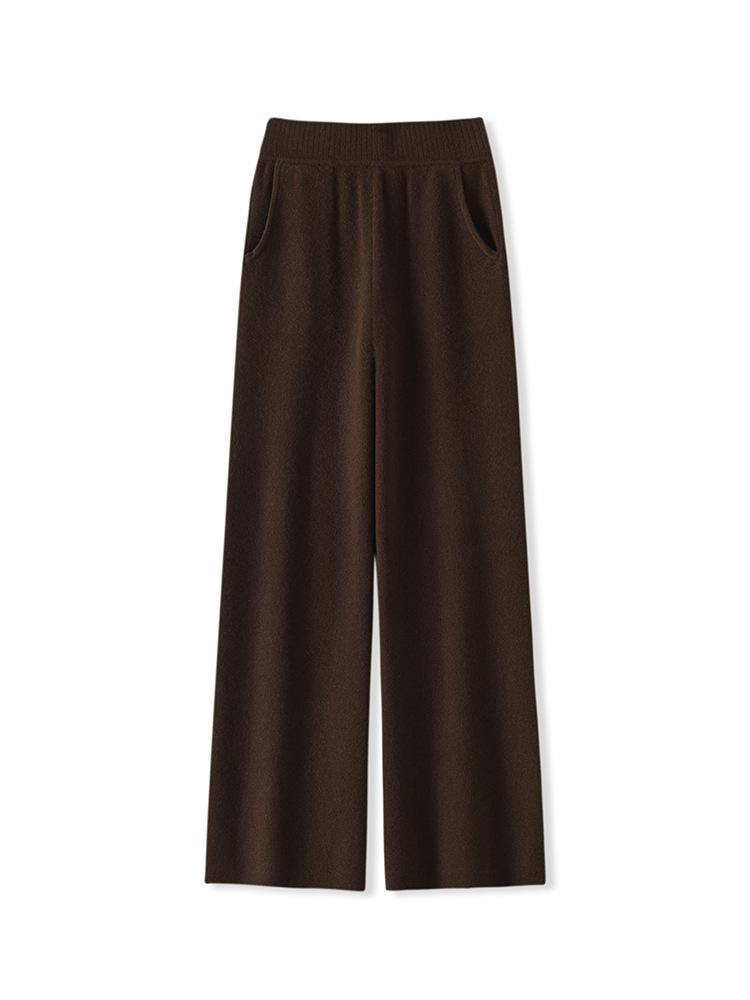 Women's 100% Wool Knit Wide-Leg High-Waist Floor-Length Pants for Autumn/Winter Casual Wear