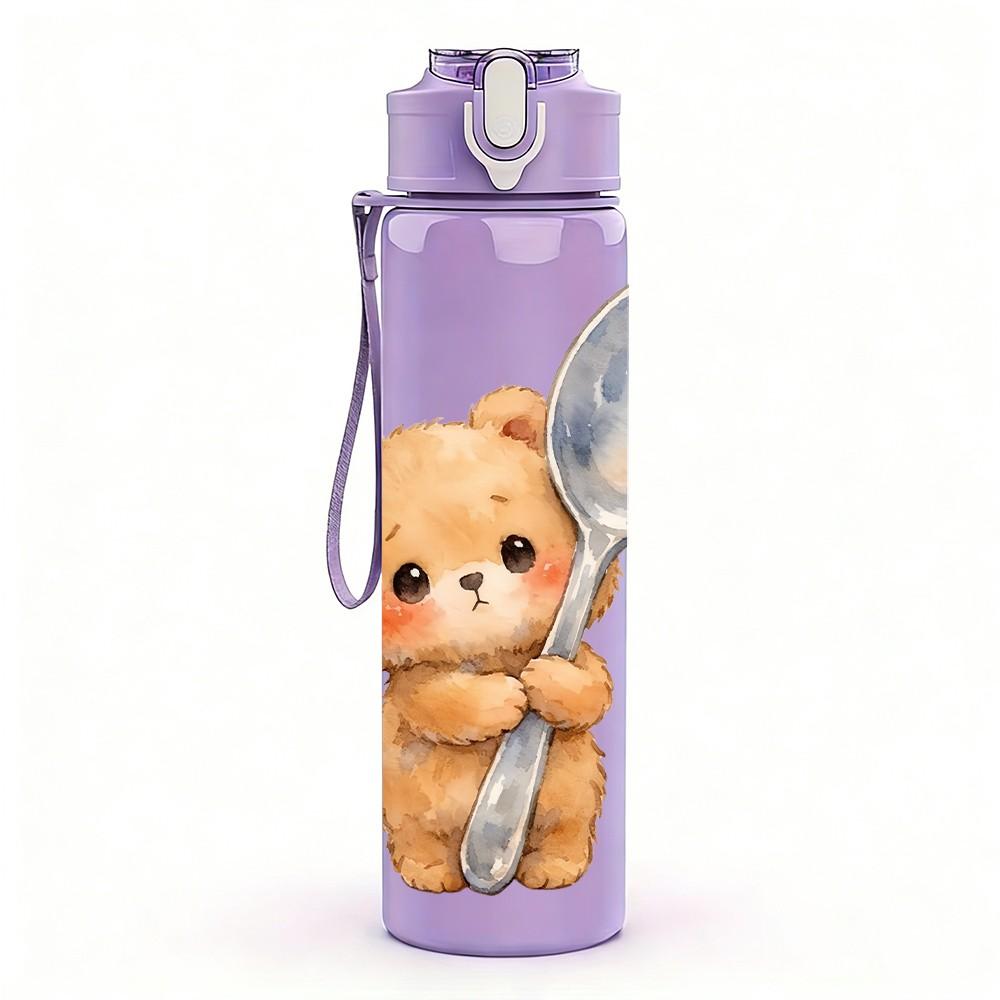 1PC Bear Holding Spoon Cute Cartoon Print 750ml Color Plastic Sports Water Bottle Leakproof Flip Straw Lid Suitable for Sports Office Home Use