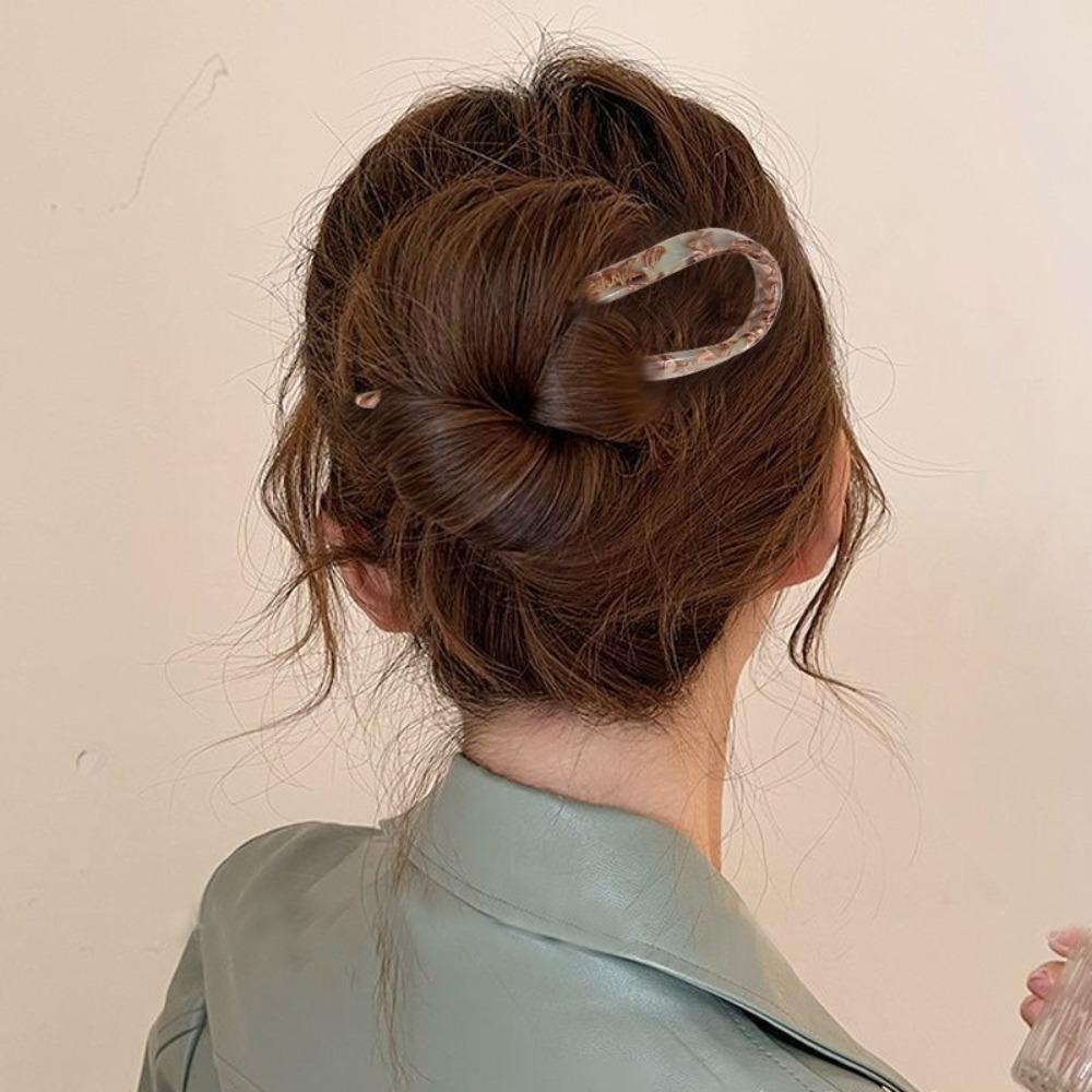 Geometric U-shaped Hair Stick Headwear Chinese Style Hair Fork Sweet Acetate Hairpin  Daily