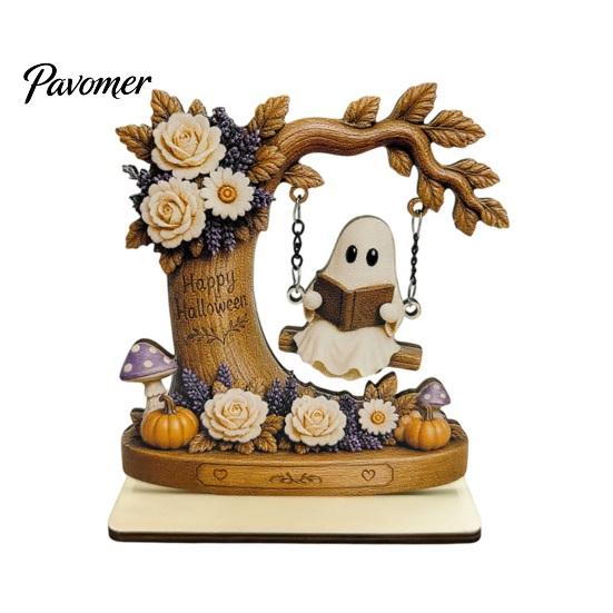 Natural Wood Spooky Decor Halloween Moon Swing Ghost Figurine, Reading On with Floral Tiered Tray Pumpkin Accents, Wooden Bookshelf for Desk
