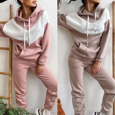 1 Set Hoodie Pants Set Hooded Drawstring Women Contrast Color Sweatshirt Pockets Pants