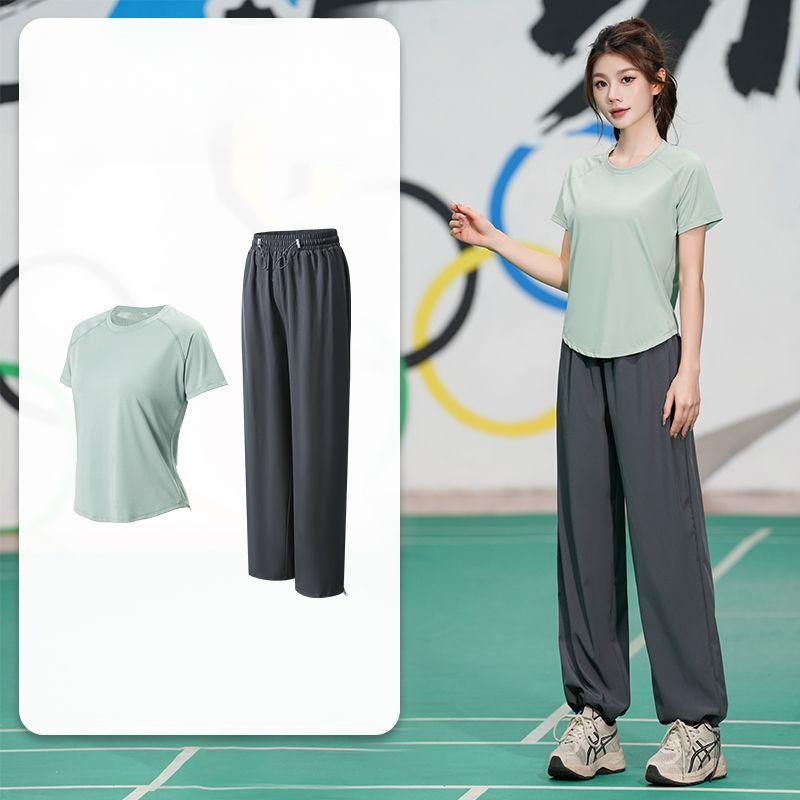 Professional Quick Dry Sports Set Summer Breathable Running Yoga Loose Fitness Short Sleeve Workout Outfit