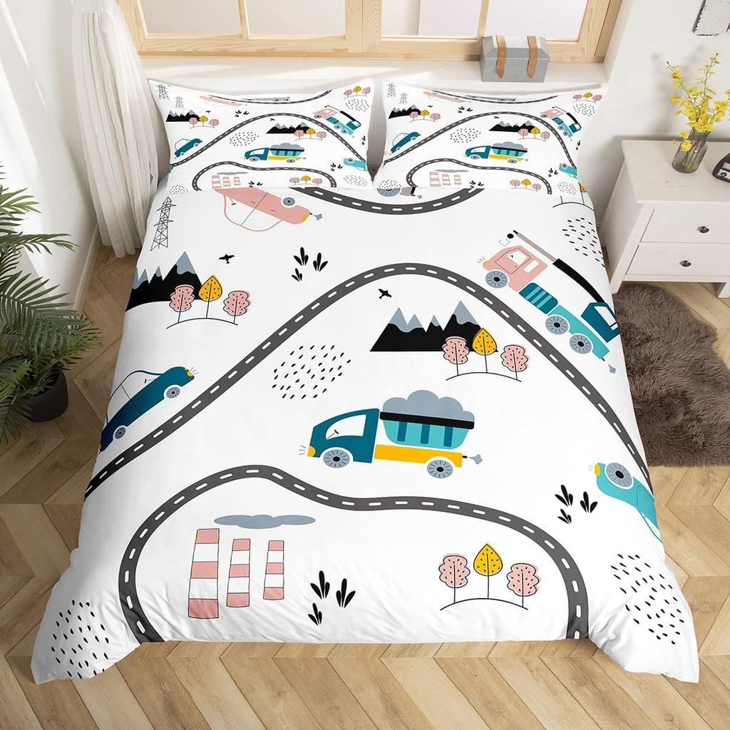 Cartoon Cars Duvet Cover Single Queen City Roads Bedding Set Hand Drawn Truck Bicycle Comforter Cover for Boys Teen Room Decor