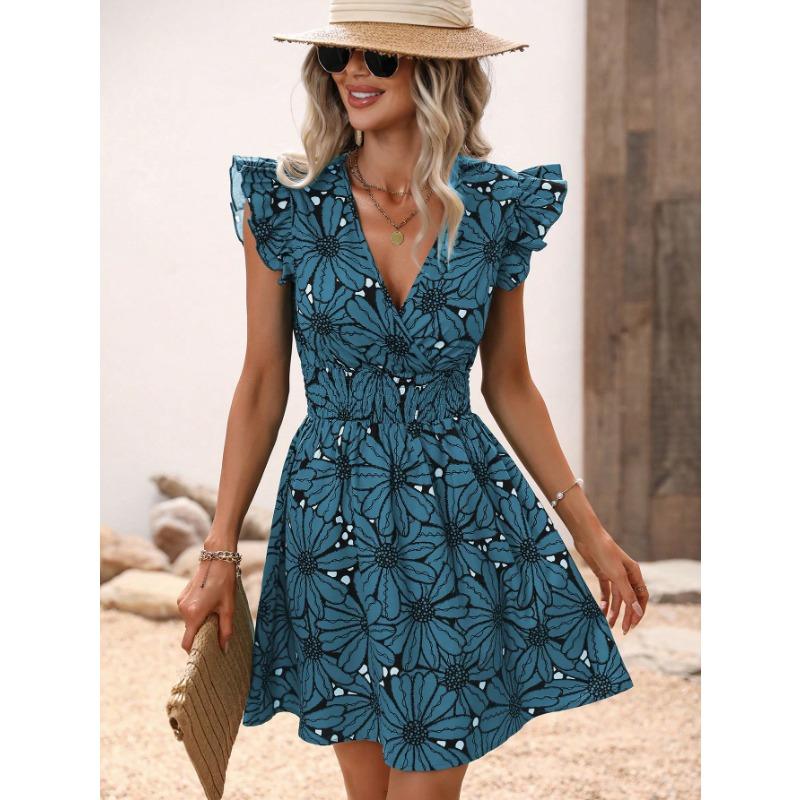Women's Summer V-neck Waist-hugging Sexy Big Flower Ruffle Sleeveless Dress
