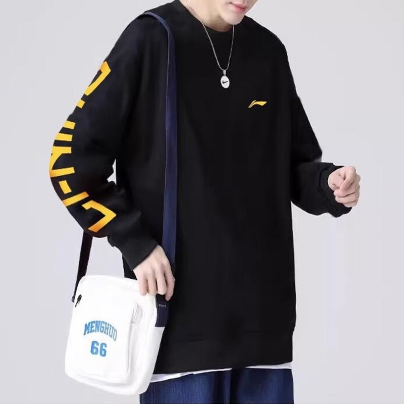 Li Ning Brand Logo Couple Casual Sports Round Neck Pullover Long Sleeve Fleece Sweatshirt Unisex Sweatshirt Black YWDT533-2