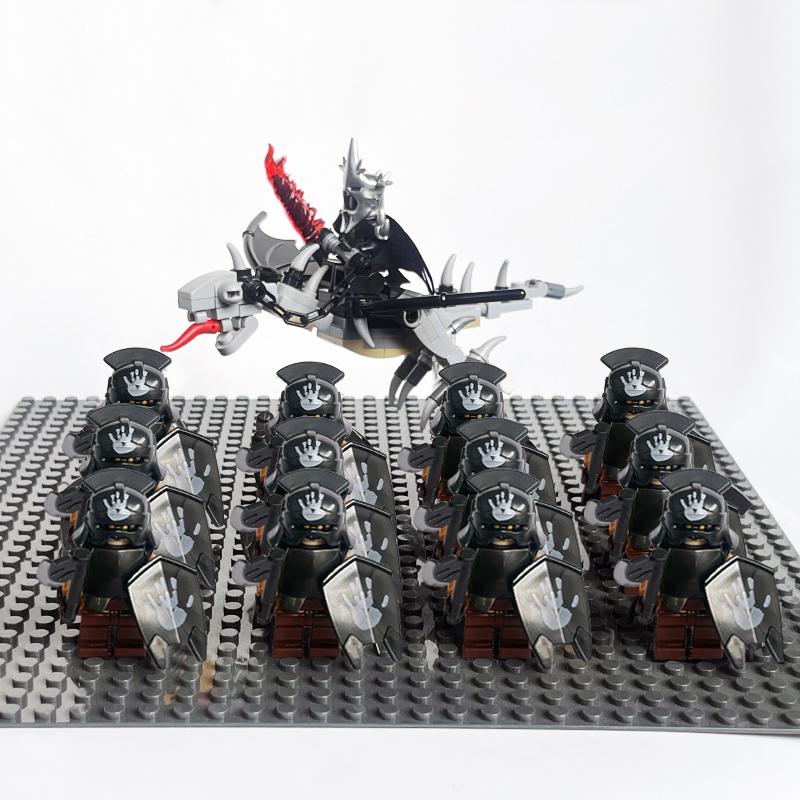 14pcs MOC Medieval Dwarf Warrior Elves Knights LotR Uruk-hai Orc Rohan Soldier with Witch King Leader Figure Building Block Toys