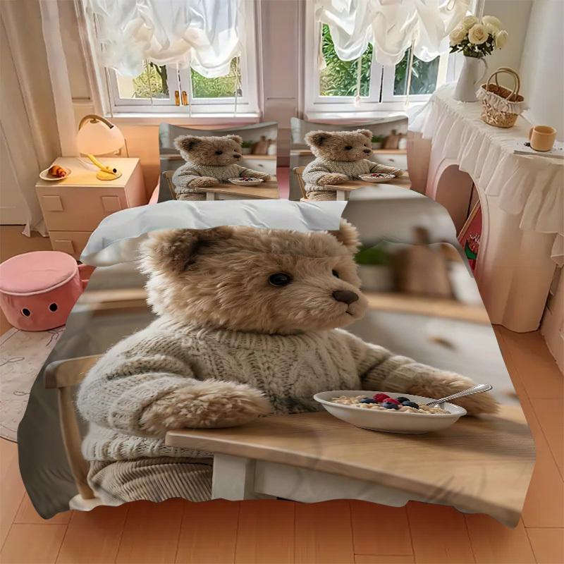 3pcs Anime Teddy Bear Bedding Set - Includes One Quilt Cover and Two Pillowcases (No Core) - Home Decor, Holiday Gift, Polyester Fabric, Ani