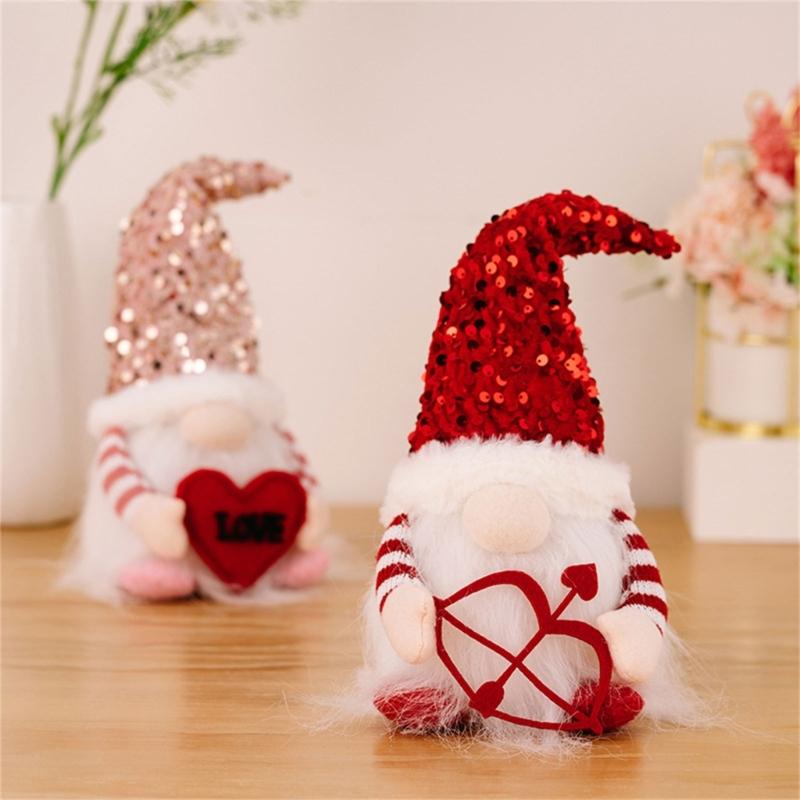 Valentine's Day Gnome Sequins Hat with Led Light Plushes Beard Doll Ornament for Elf Decoration New Year Holiday Gift