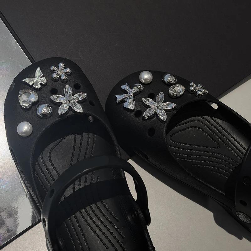 12 Pcs Silver Crystal Pearl Heart Flower Shoe Charms, Removable DIY Decorative Accessories for Clogs