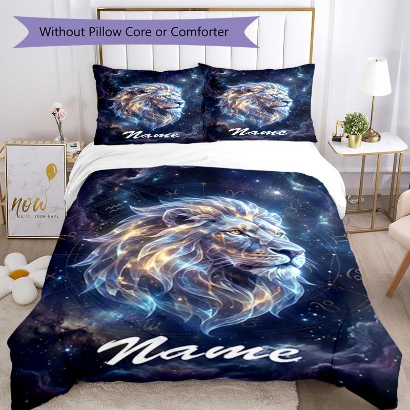 3pcs Custom Name Lion Bedding Set Duvet Cover Closure Includes 1 Duvet Cover & 2 Pillowcases, Soft and Comfortable for All Seasons.