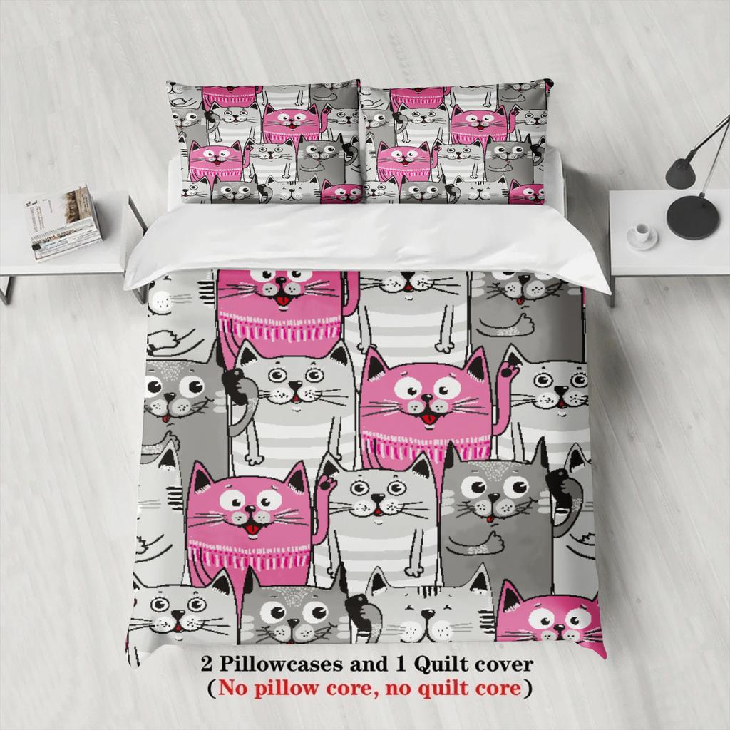 3Pcs Cat Pattern Bedding Sets 3D Printed Pink And Gray Cats Single Twin Queen Size Duvet Cover Sets With Pillowcases No Filling