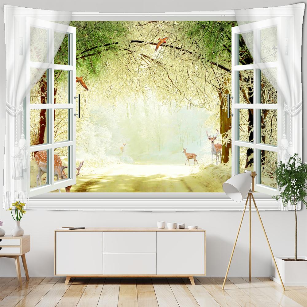 

Гобелен с пейзажем на окне для украшения, 3D-гобелен с романтическими цветами, домашняя живопись, психоделические лесные гобелены, настенные гобелены W150xH100cm