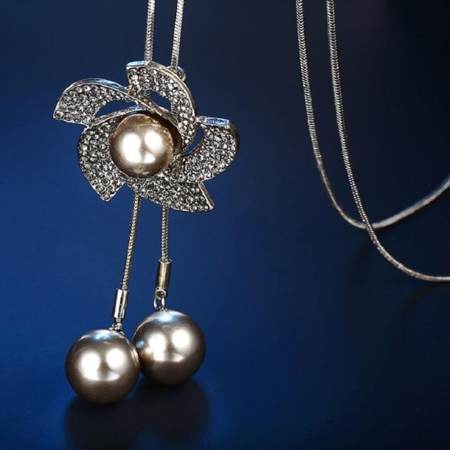 Elegant Look Simulated Pearl Long Necklaces Women Bijoux Stylish Crystalline Flower Stylish Jewelry Sweater Necklaces PendantsElegant Pendant Necklace