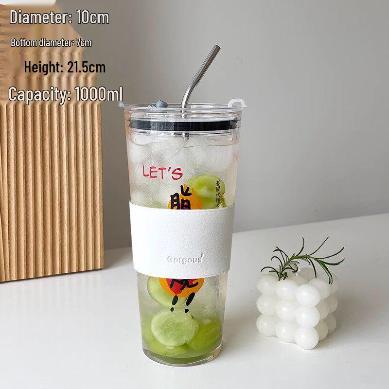 Qiewei 1000ml Large Capacity Heat-Resistant Glass Cup with Straw