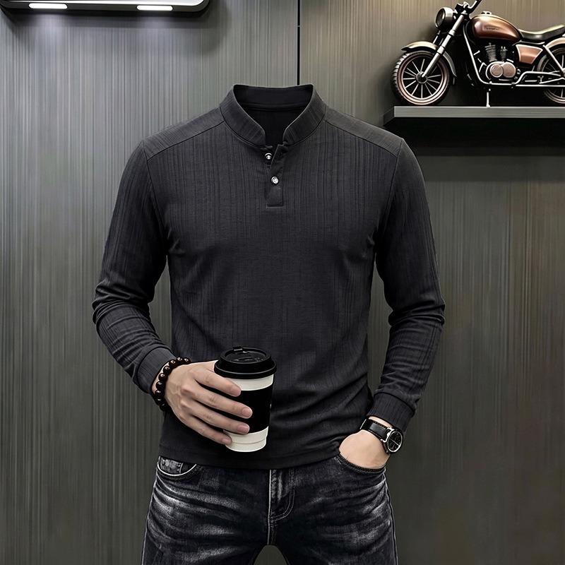 Men S Stand Collar Long Sleeve T Shirt Solid Color Casual Business Base Layer