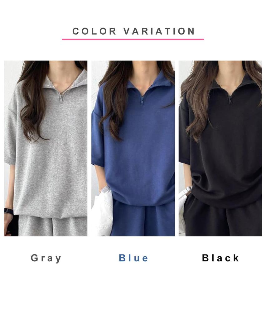 J.STORE Women's Short Sleeve Tracksuit Set (Gray, 5A-J01-GYM) - Zippered, Loungewear, and Pants. A cute, Korean-inspired slimming outfit.