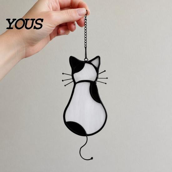 Cat Back Shape Decoration Acrylic Pendant, with Metal Hanging Chain, Stained Glass Effect Silhouette Window Pendant Decoration, for