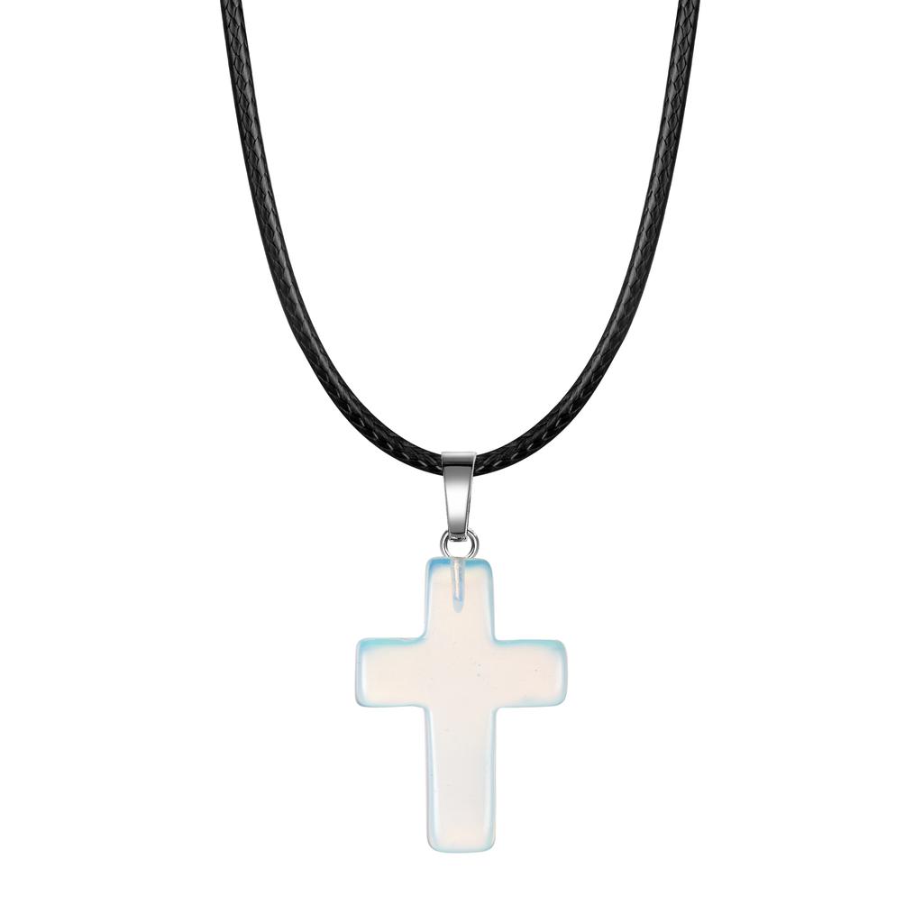 Natural Stone Cross Pendant Necklace Women Men 18inch Black Leather Cord Custom Crystal Choker Chakra Jewelry Findings