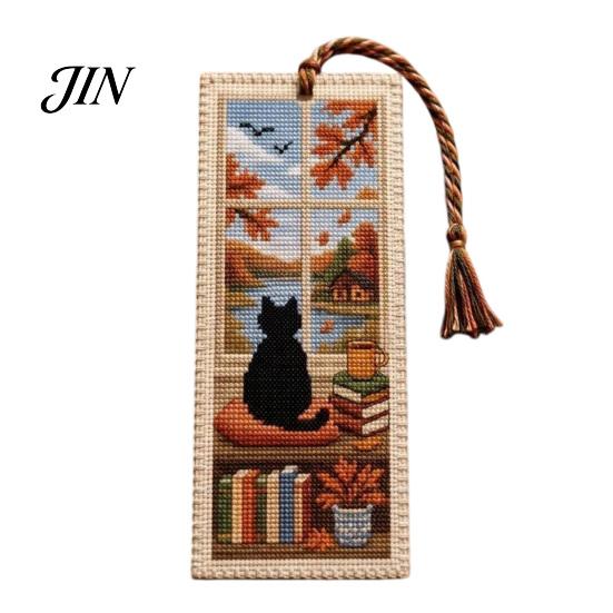 Vintage Style Bookmark DIY Stitch Kit for Adults Beginners, Seasonal Cat Retro Handmade Embroidery Kit, Gifts Lovers, Readers Artistic