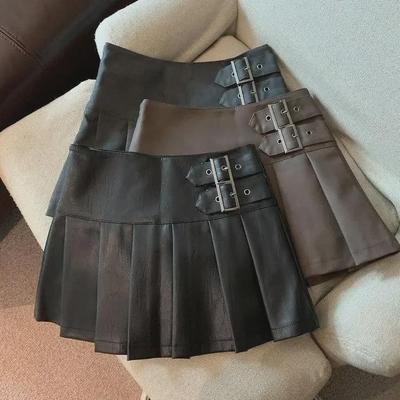 Damen brauner Leder A-Linien-Rock: Herbst 2024, Hochtailliert, Slim, Plissiert, Modisches PU-Design