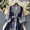 Summer Women Vintage Lond Dress Fashion Print A Line Ruffled Elegant Floral Party Dress Ladies Long Sleeve Long Woman Dresses