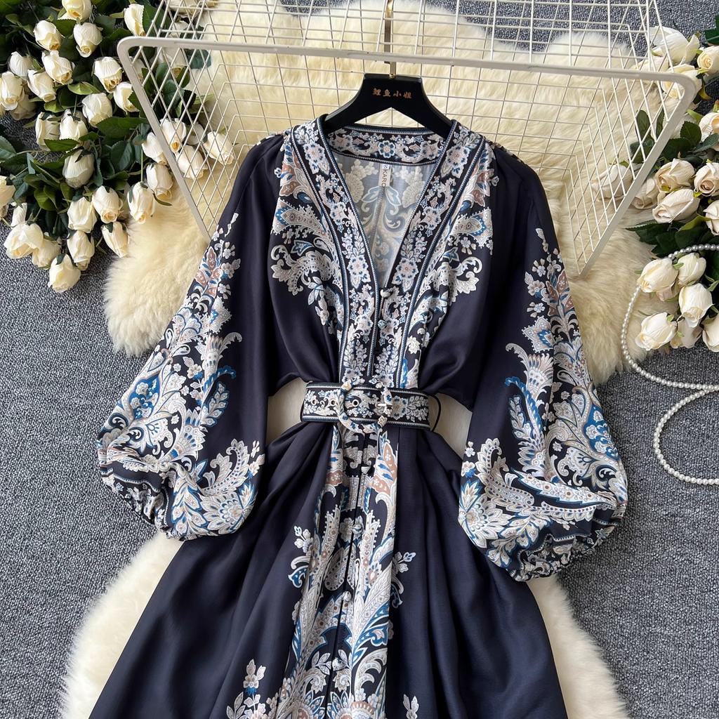 Summer Women Vintage Lond Dress Fashion Print A Line Ruffled Elegant Floral Party Dress Ladies Long Sleeve Long Woman Dresses