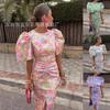 New European And American Printed Casual V-Neck Tight-Fitting Hip-Wrapped Waist Bubble Short-Sleeved Dress