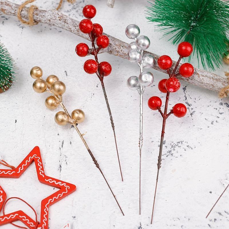 10pcs Artificial Holly Berry Christmas Decor Wire Bundle Garland Wreath Christmas New Year Fake Red Berries for Wreath DIY Home Decor