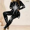 Women Plus Size Round Neck Long Sleeve Printed Dark Green Two Piece Set Longline Top And Fitted Pants