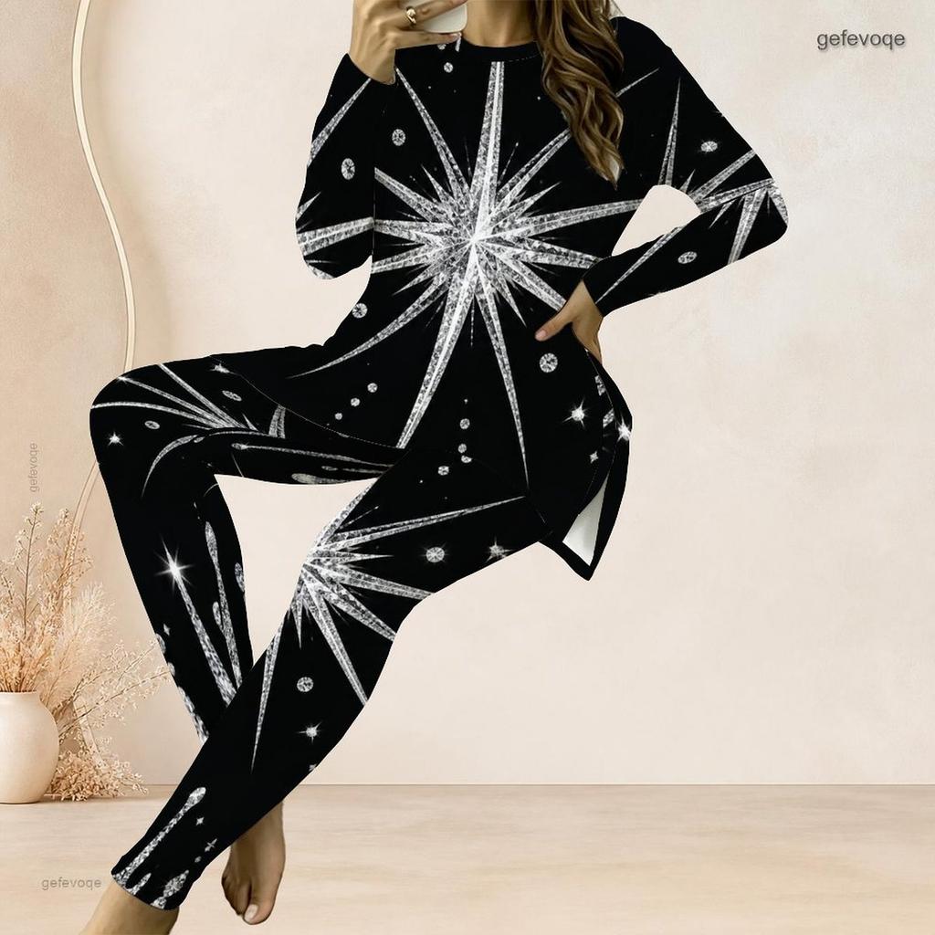 Women Plus Size Round Neck Long Sleeve Printed Dark Green Two Piece Set Longline Top And Fitted Pants