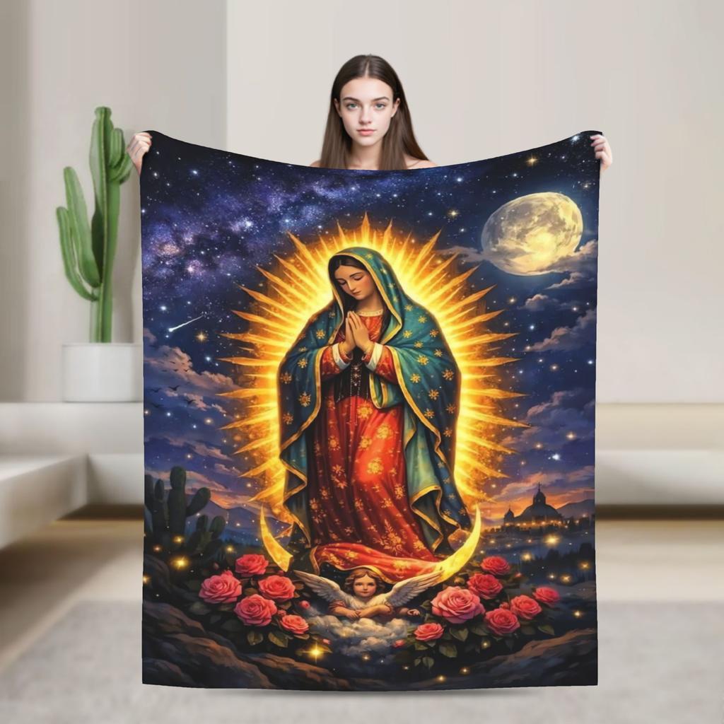 Virgin Mary Cherubs Rose Warm Soft Blanket Airplane Travel Plush Throw Blanket Couch Chair Flannel Bedspread Sofa Bed Cover
