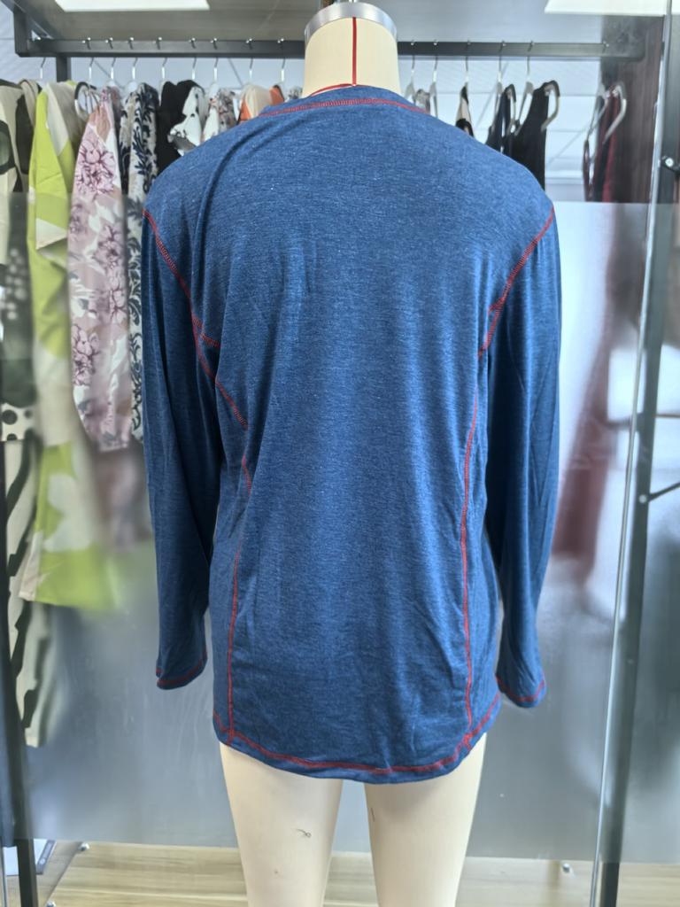 Men's American Retro Henley Collar Long Sleeve T-Shirt Contrast Color Topstitch Slim Fit Casual Bottoming Shirt