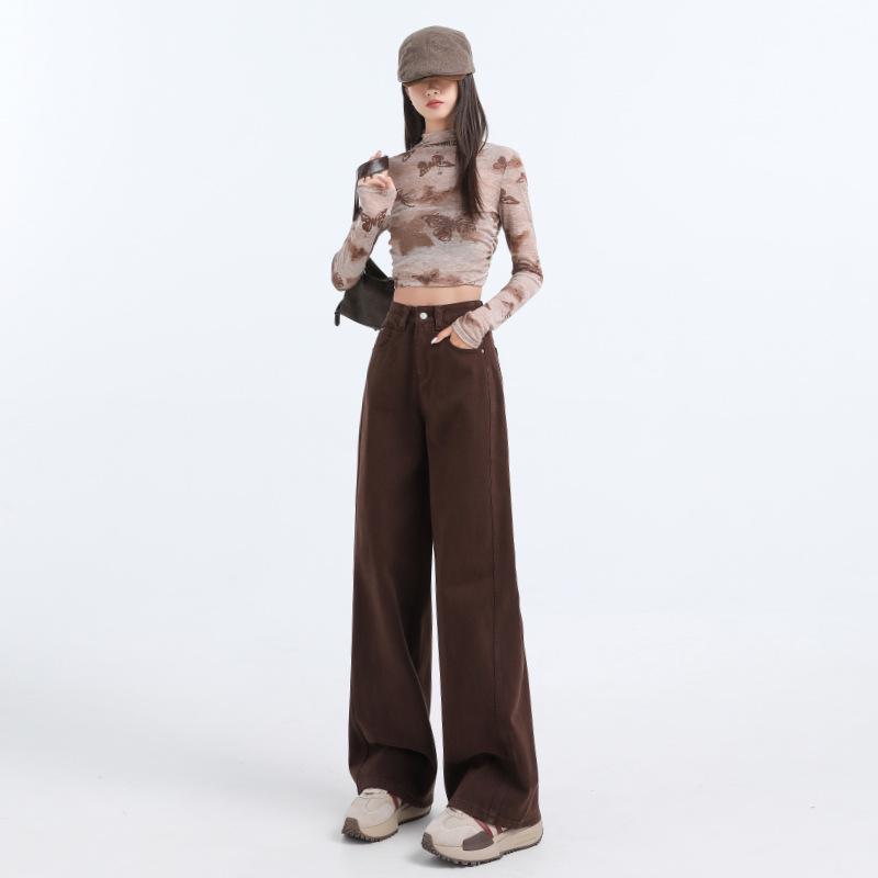 

Melard Coffee Curved Blade Women s Wide Leg High Waist Jeans - 2025 Autumn Loose Fit Floor Length. XXL