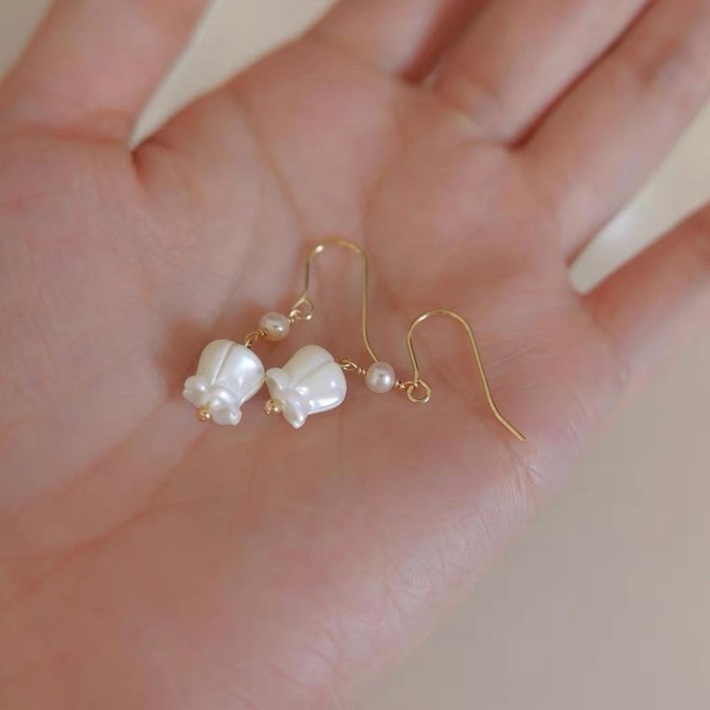 Lily of the Valley" Natural Shell Engraved Freshwater Pearl Earrings 14k Gold, Daily Wear Literary and Fresh Earrings