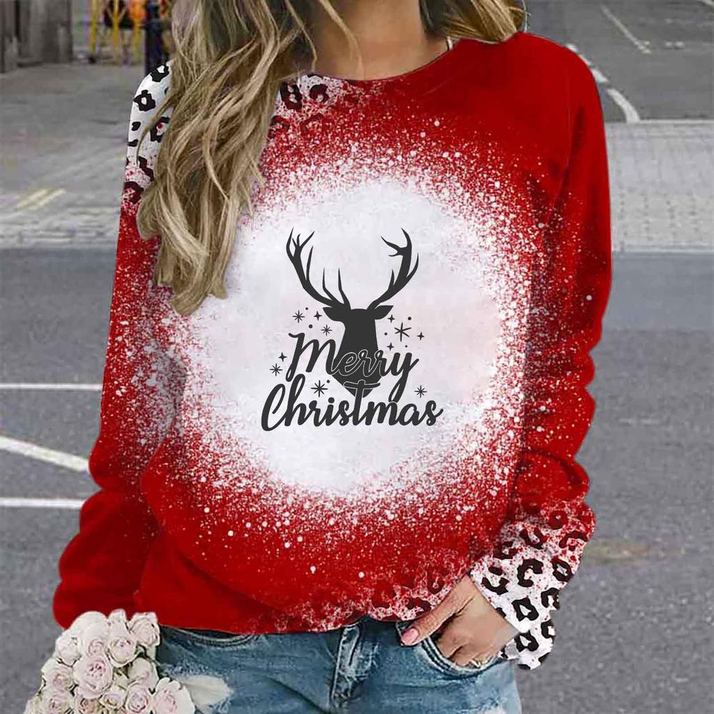 2024 Autumn New Product Christmas Leopard Pattern Elk Snowman Printed Top Round Neck Long Sleeve Fashion Hoodie for Women
