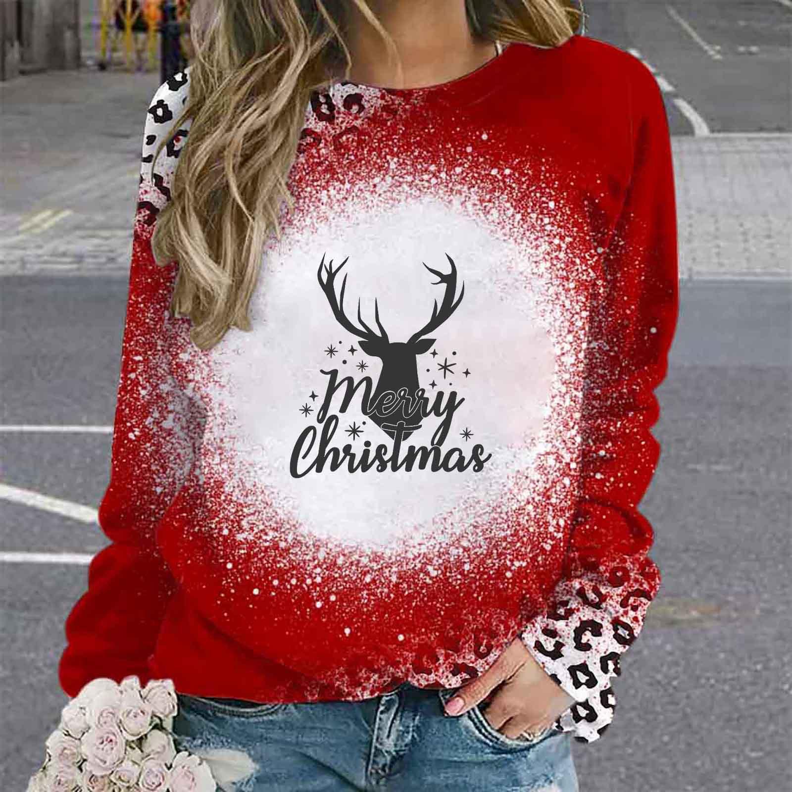 

2024 Осень Новый Продукт Рождественский Леопардовый Узор Лося Снеговика Печатный Топ Круглый Вырез Длинный Рукав Модная Толстовка Для Женщин XL