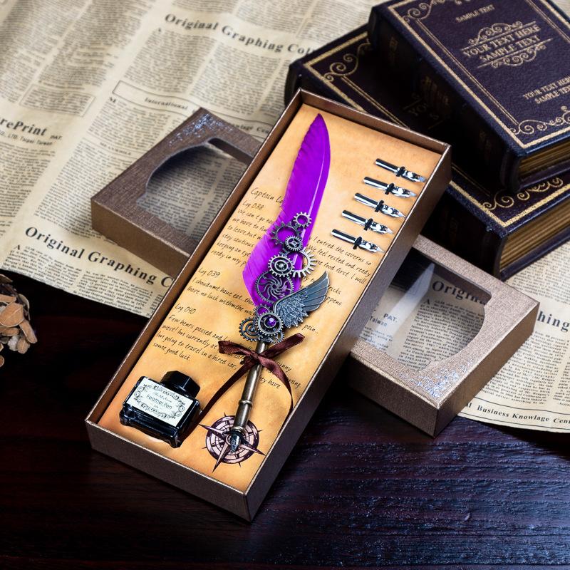 Retro Mechanical Calligraphy Feather Pen and Ink Set Glittering Quill Pen with Antique Dip Pen Metal Calligraphy Set with Ink