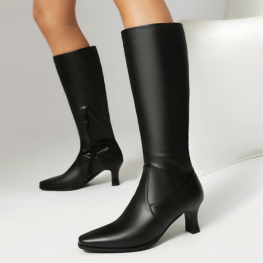 Fashion Autumn Winter Women Knee High Boots Chunky Spike Heel Sexy Dress Casual Party Lady White Black Pointed Toe Zipper Long Boots