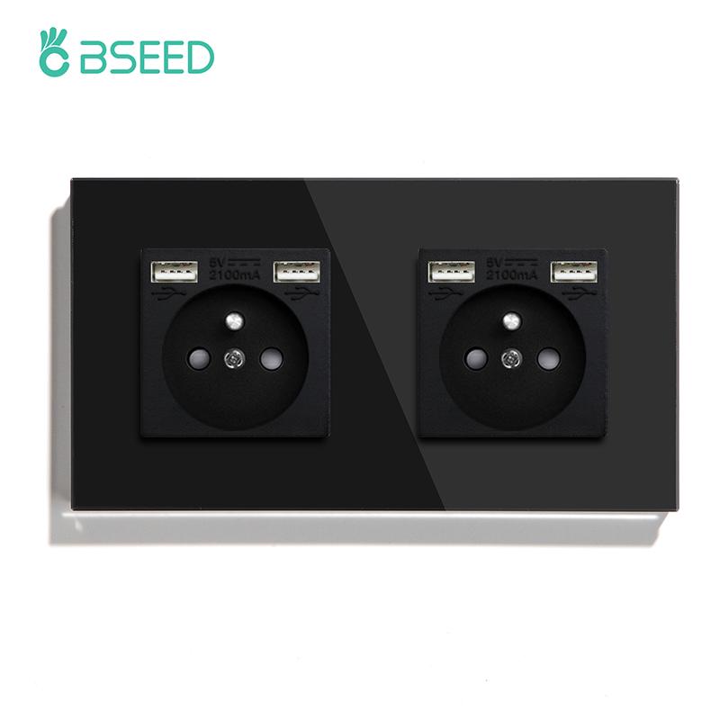 BSEED Single French Wall Socket Double Power Sockets Triple Electric Sockets With Type-c Double USB Charing Ports  Glass Frame