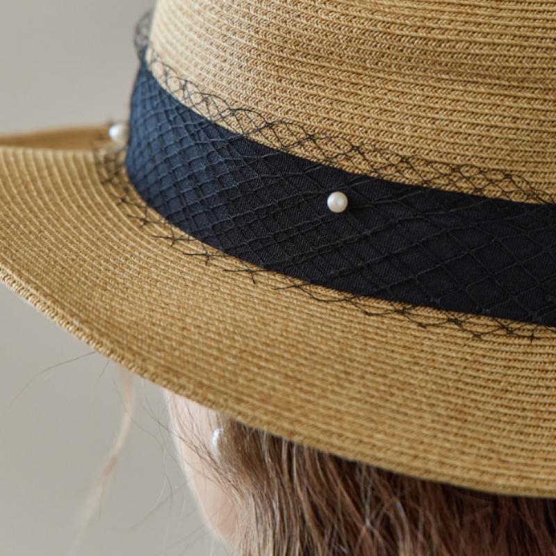 Maxza Pearl Mesh Ribbon Wire Raffia Boater Hat Ze07am004na