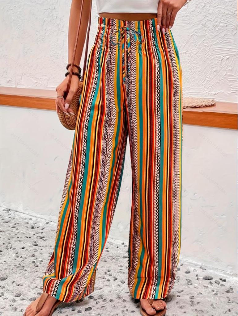 Bohemian Vintage Striped Wide-Leg High-Waist Drawstring Pants – Tropical Ethnic Style for Summer Vacations