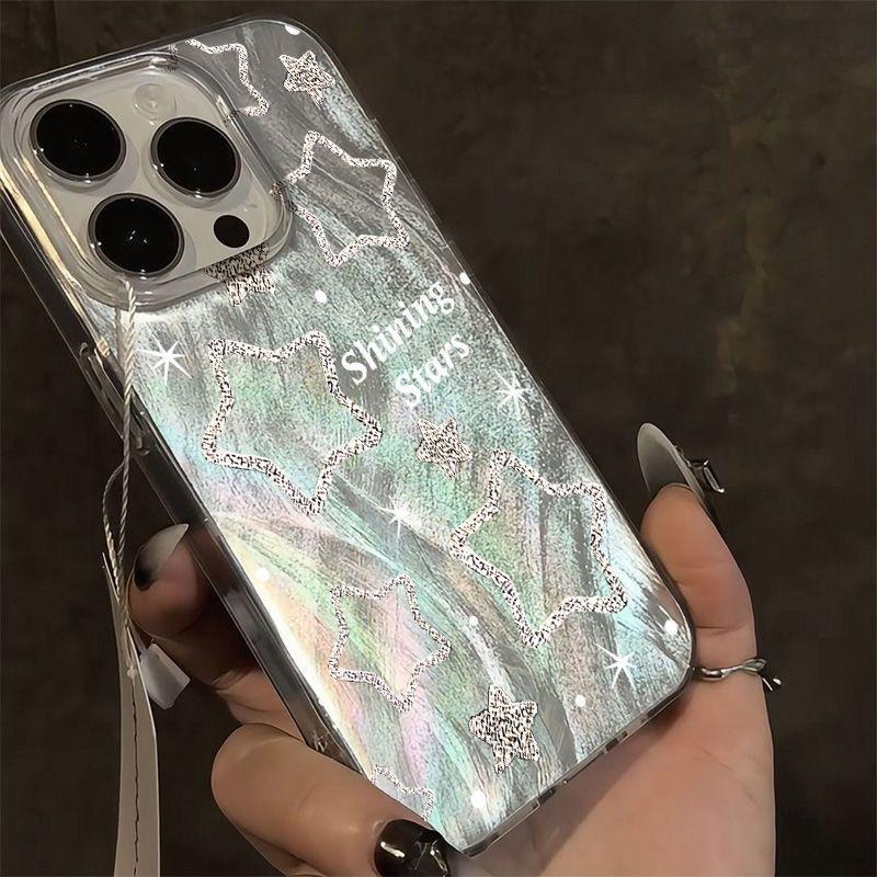 Suitable for Apple 16promax Glitter Feather Gauze Large Hole Phone Case 14 Cartoon 13iPhone15plus Protective Case