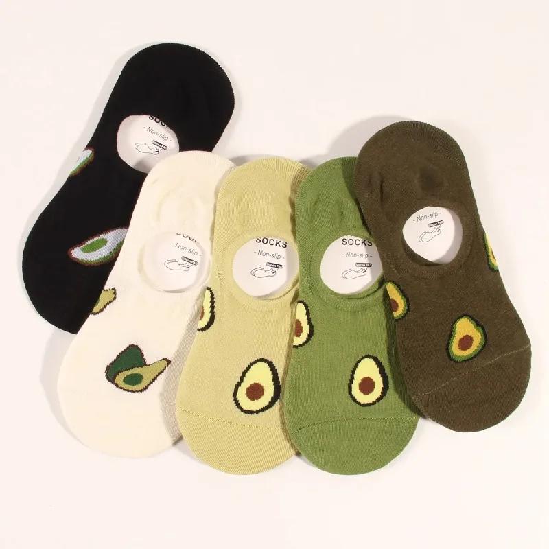 5 Pairs Avocado Crew Ankle Socks Cartoon Fresh Fashion Breathable Summer And Autumn Kawaii Comforts Women's Low Cut Boat Socks