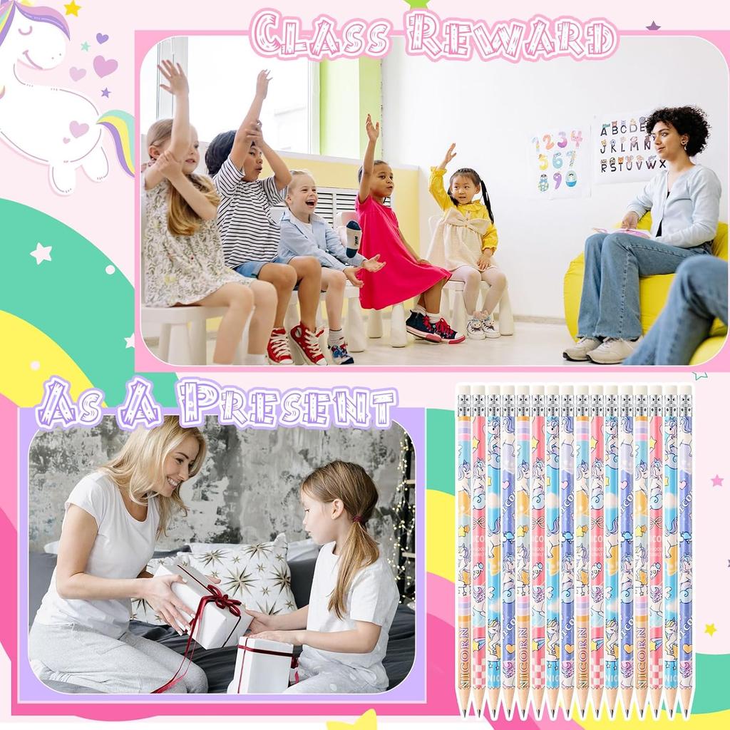 Spakon 48 Pcs Cute Unicorn Pencils for Kid Girl Funny Colorful Pencil with Eraser for Back to School Class Unicorn Party Favor Goodie Bag Stuffer