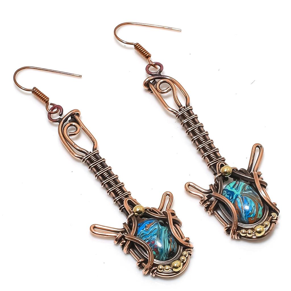 Rainbow Calsilika 999 Copper Wire Wrapped Earrings, Handmade Gemstone Jewelry Earrings For Memorial Day