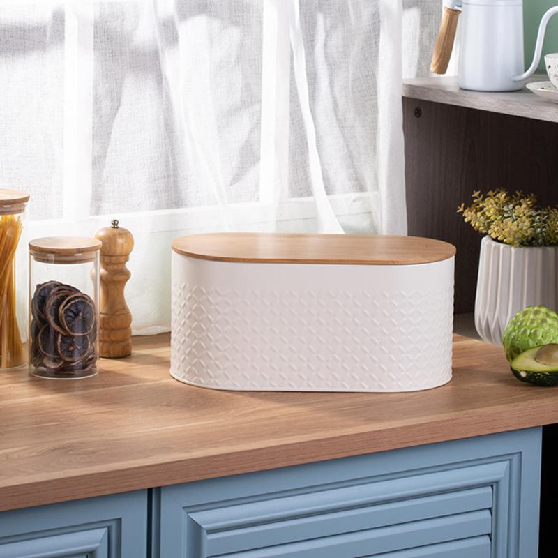 

Bamboo cover bread box, kitchen food breathable and fresh storage box, household pattern oval metal storage tank L34xW18xH15.5 cm