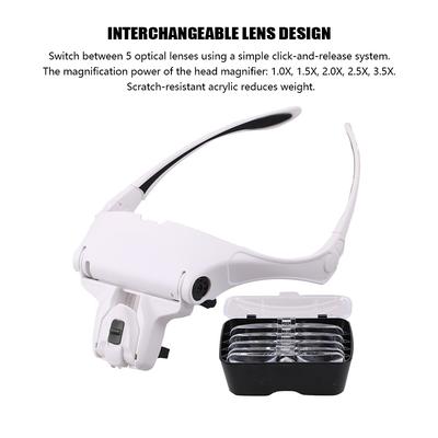 Lente d'ingrandimento illuminata a LED, con 5 lenti staccabili 1X, 1,5X, montate sulla testa, a mani libere
