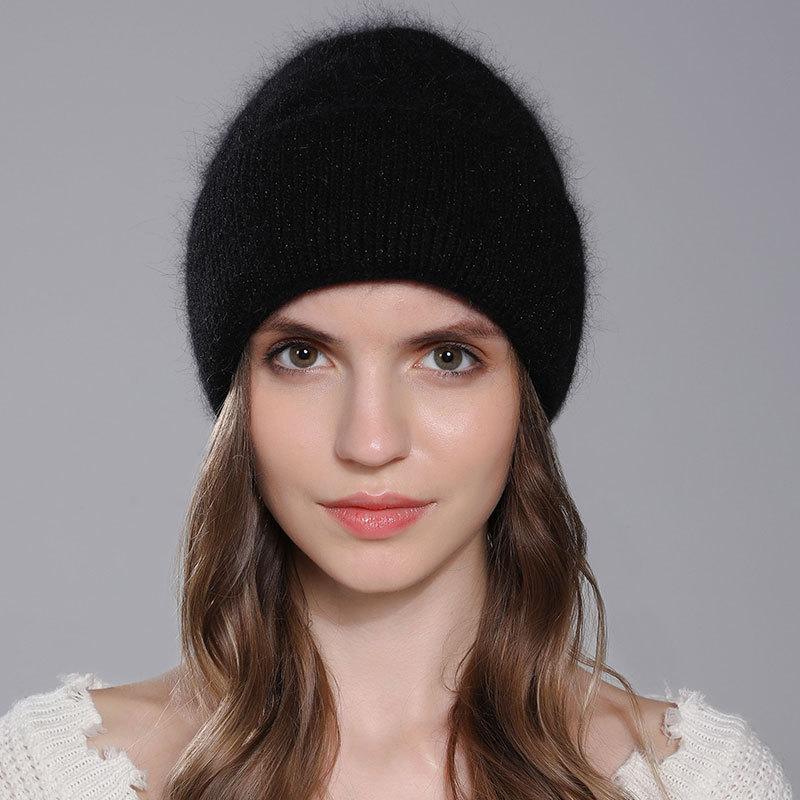 Women's Winter Angora Rabbit Hair Knitted Fried Dough Twist Double Flanging Warm Versatile Wool Hat